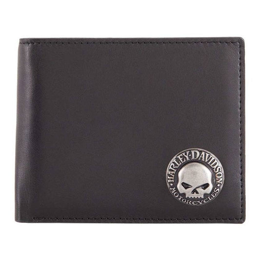 Mens Skull Concho Bi-Fold Rfid Genuine Leather Wallet Hdmwa11474, Black
